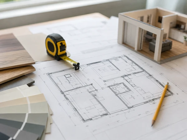 Architectural floor plan sketch for a garage conversion laid over a tape measure