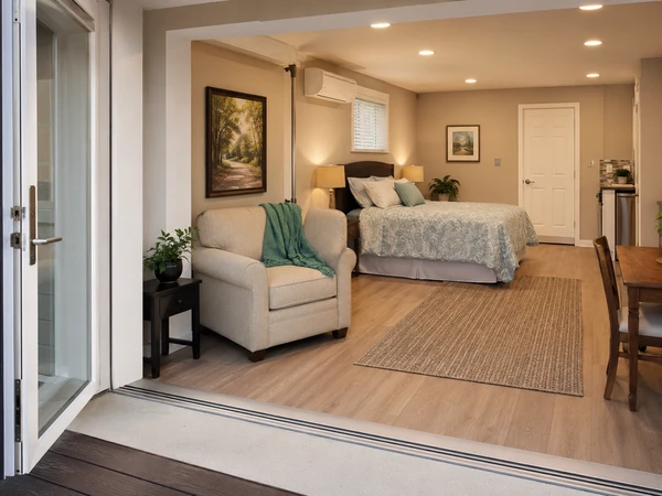 Garage converted into an accessible in-law suite with a no-step entry ramp