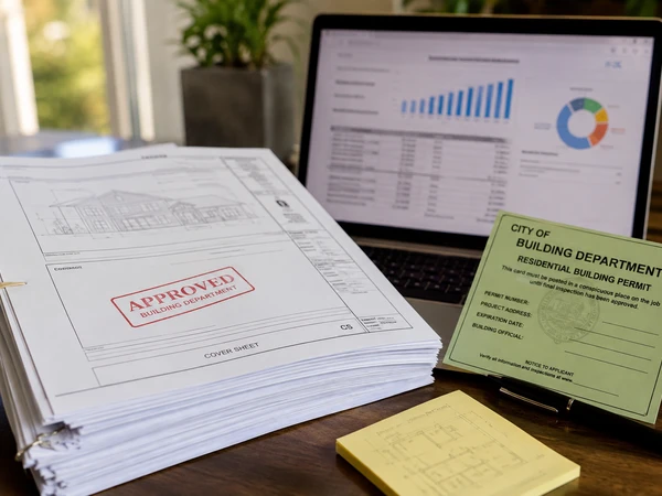 Permit and Title 24 energy compliance documents laid out next to a garage conversion floor plan