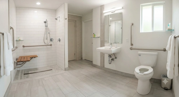 ADA accessible bathroom in-law suite layout in a converted South Bay garage