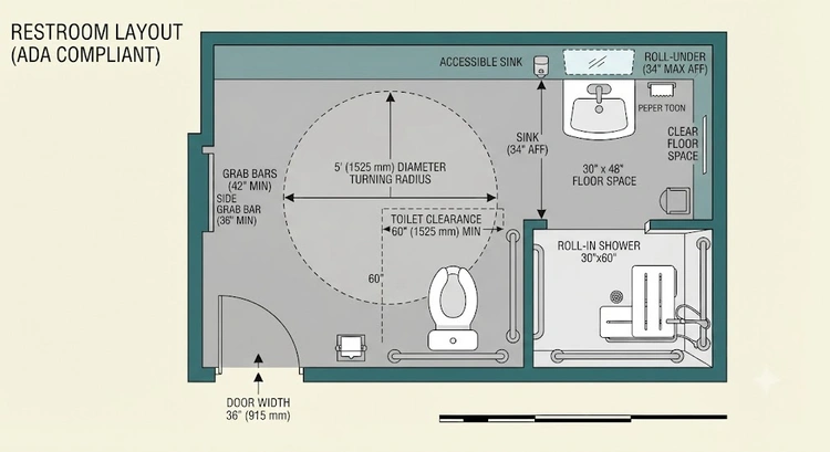 Infographic of ADA accessible bathroom in-law suite clearance dimensions