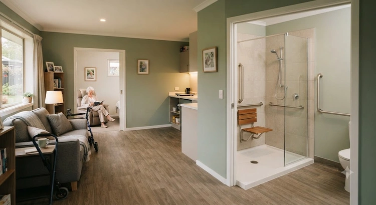 Aging in place in-law suite design with zero-threshold entry in a converted garage