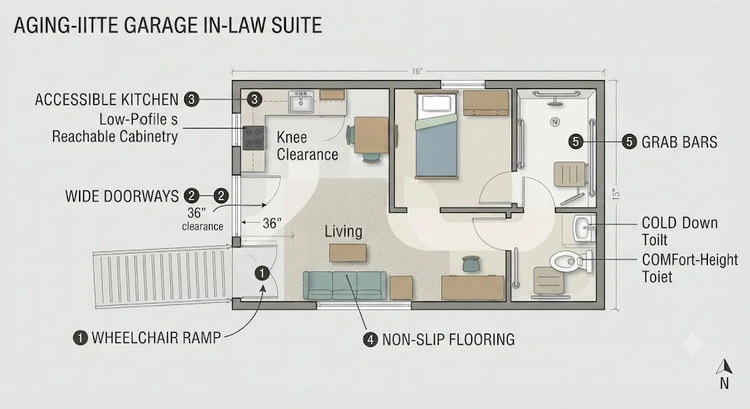 Infographic showing key aging-in-place features in a garage in-law suite floor plan