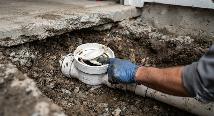 Backwater valve installed in a garage conversion bathroom sewer line