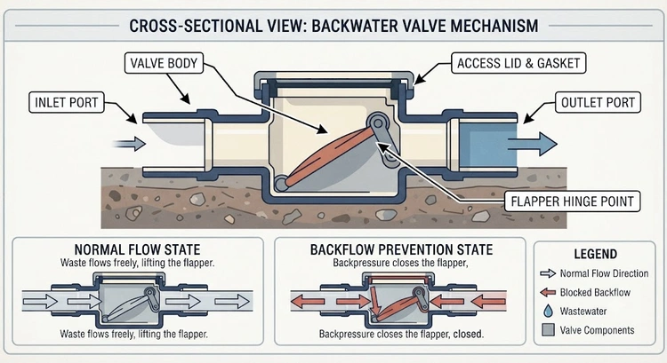Infographic showing backwater valve placement in a garage conversion sewer line