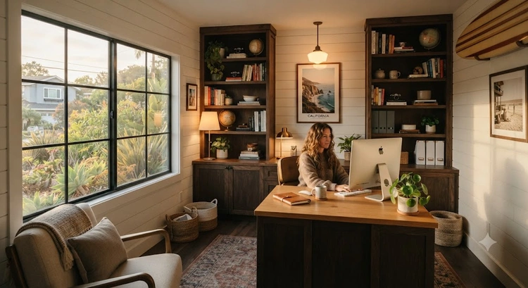 Cost to convert garage into home office in San Jose showing finished workspace