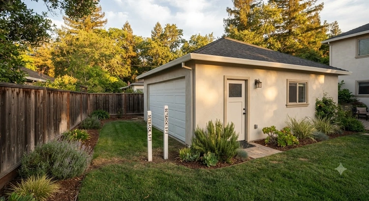 Detached garage in a Cupertino backyard showing side yard setback distance to property line