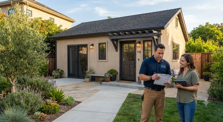Chi phí cải tạo ADU từ nhà để xe rời tại San Jose, nhà thầu đang đo khung sườn