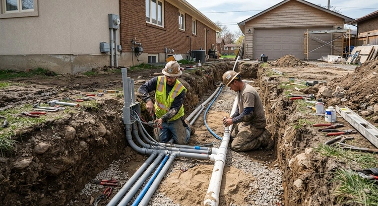 Trenching diagram showing detached garage ADU utility hookups for electrical, water, and sewer lines