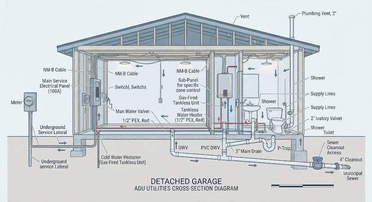 Infographic summarizing detached garage ADU utility hookups sequencing for electrical, plumbing, and sewer