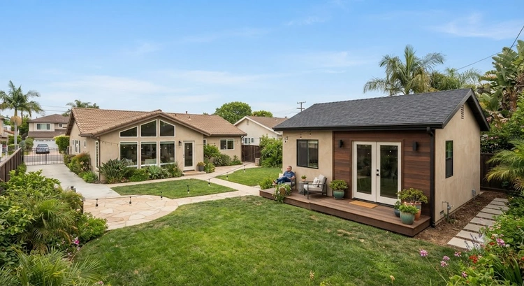 Side-by-side comparison of a detached vs attached garage ADU conversion in a South Bay backyard