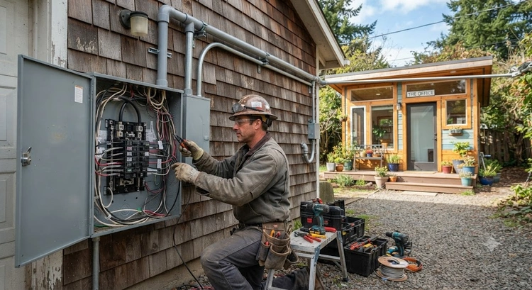 Electrician reviewing an electrical panel upgrade garage conversion project in San Jose