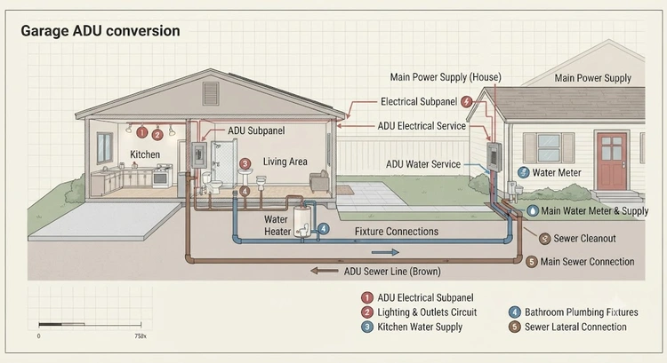Infografía que compara las opciones de separación eléctrica, de agua y de alcantarillado para un ADU de garaje