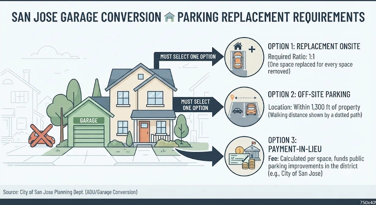 Infographic showing steps to meet the garage conversion parking replacement requirement in San Jose