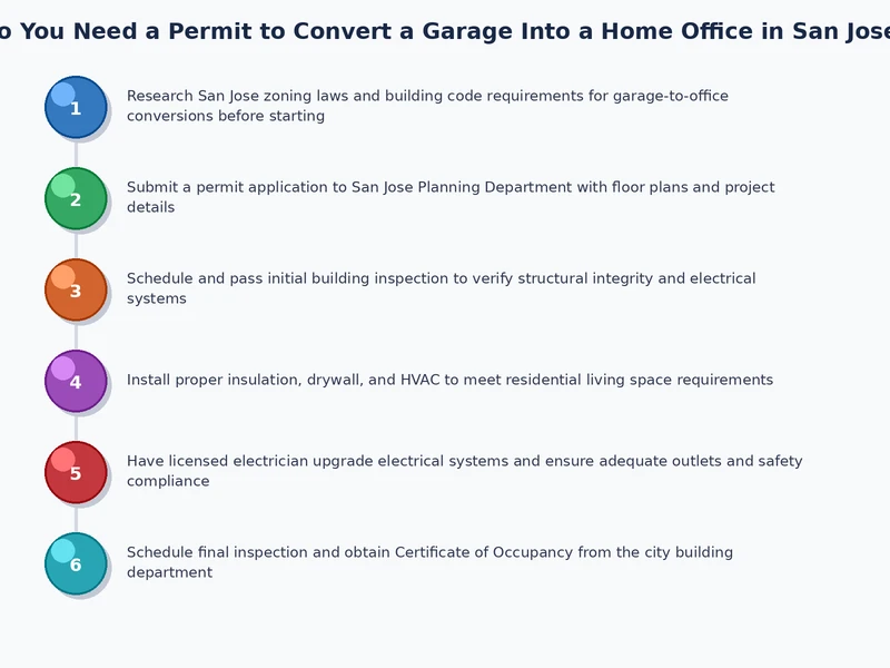 Process diagram of garage home office permit steps in San Jose from research to final inspection