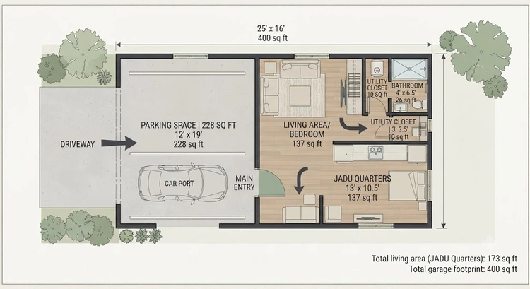 Infographic comparing garage JADU square footage requirements by garage size