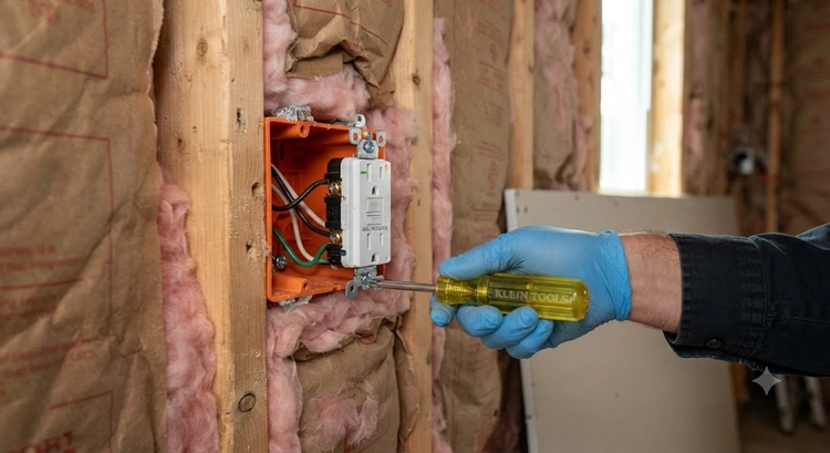 Electrician installing a GFCI outlet as part of GFCI AFCI requirements garage conversion wiring in San Jose