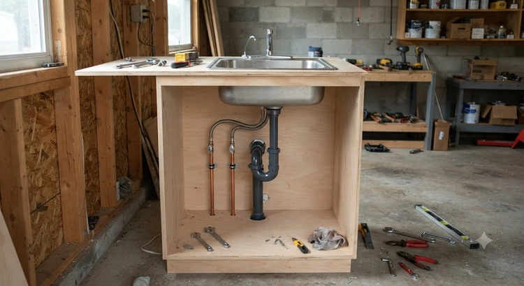 JADU kitchenette plumbing requirements diagram showing sink water line and drain routing