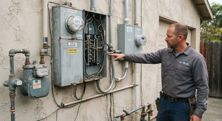 Electrical panel and utility meter setup for a garage JADU conversion showing JADU shared utility meter requirements