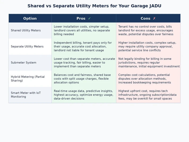 Comparison table of shared versus separate utility meters for garage JADU conversions