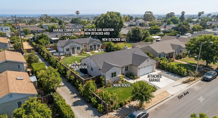 Attached garage converted into a JADU versus ADU layout comparison in San Jose