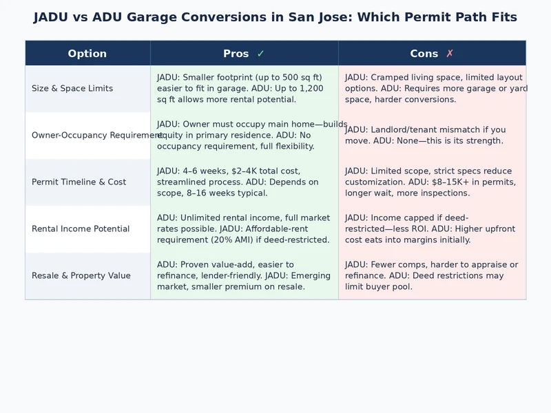 Side-by-side comparison table of JADU vs ADU garage conversion san jose requirements