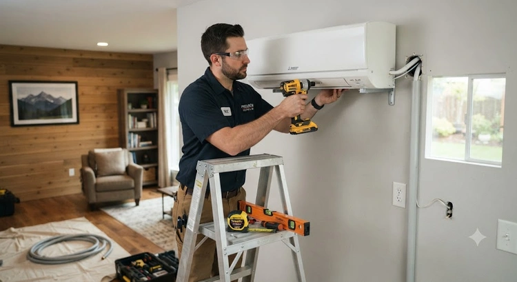 Mini split heat pump sizing garage conversion wall unit installed in finished South Bay garage