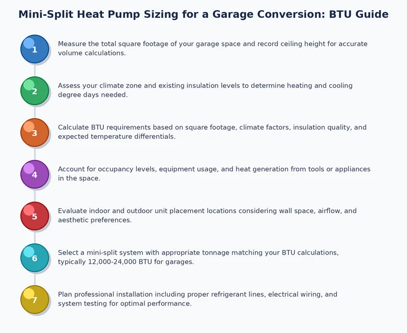 Process diagram showing steps for sizing a mini split system in a garage conversion