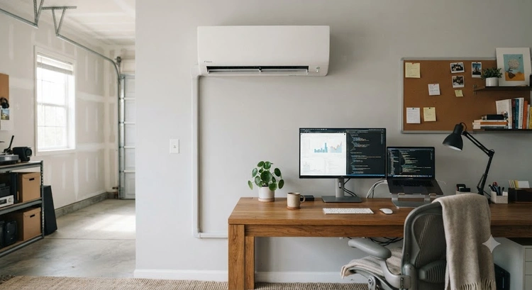 Mini split garage office conversion with wall-mounted ductless unit