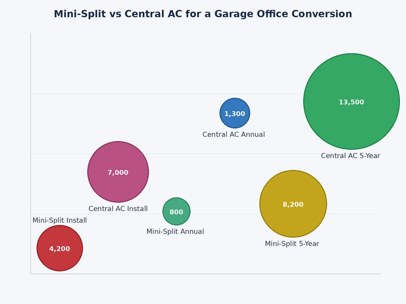 Chart comparing mini split and central AC costs for garage office conversion