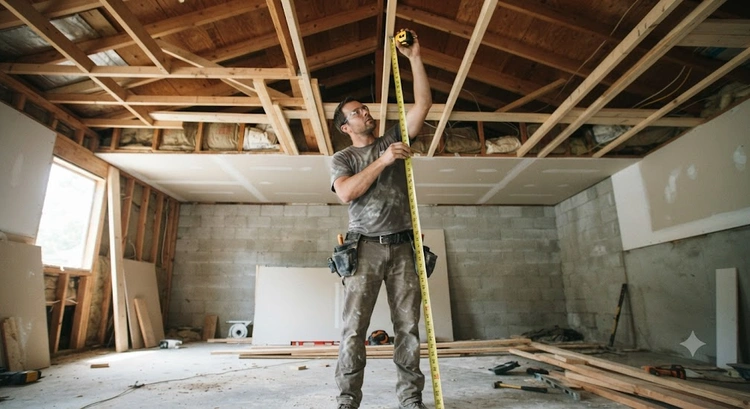 Contractor measuring garage ADU ceiling height requirements with a laser level