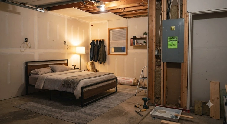 Permit paperwork and building plans for a garage bedroom conversion in San Jose