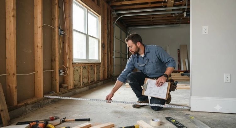 Tape measure laid across a garage floor illustrating the San Jose JADU 500 square foot rule