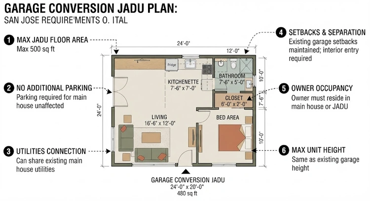Infographic showing the San Jose JADU 500 square foot rule broken down by garage size