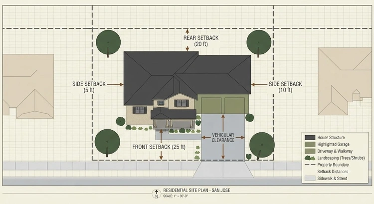 Infographic summarizing garage conversion setback requirements San Jose by conversion type