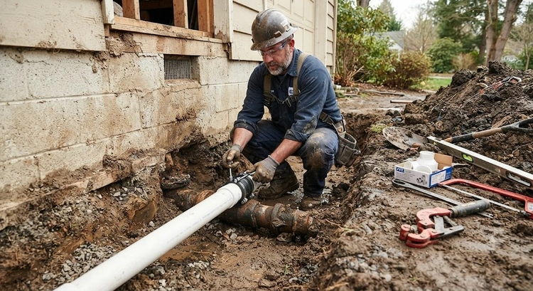 Plumber inspecting sewer line tie-in garage ADU bathroom trench before pipe installation