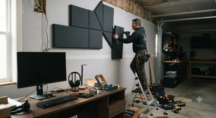 Soundproof garage office conversion with acoustic panels and insulated walls