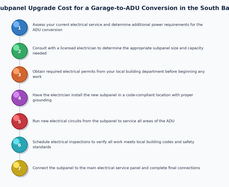 Process diagram showing steps from load calculation to subpanel installation for a garage ADU