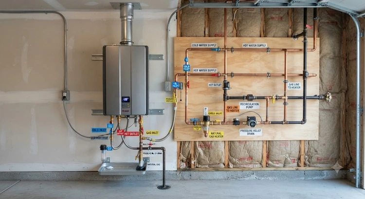 Tankless water heater garage ADU installation mounted on a wall next to a mini-tank unit for comparison