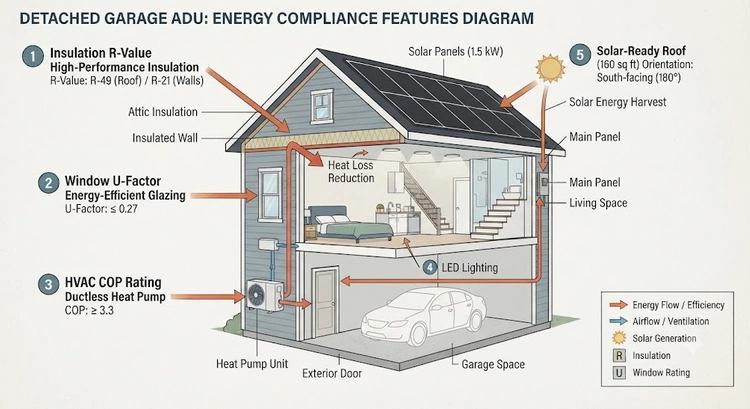 Infographic showing Title 24 detached garage ADU compliance steps