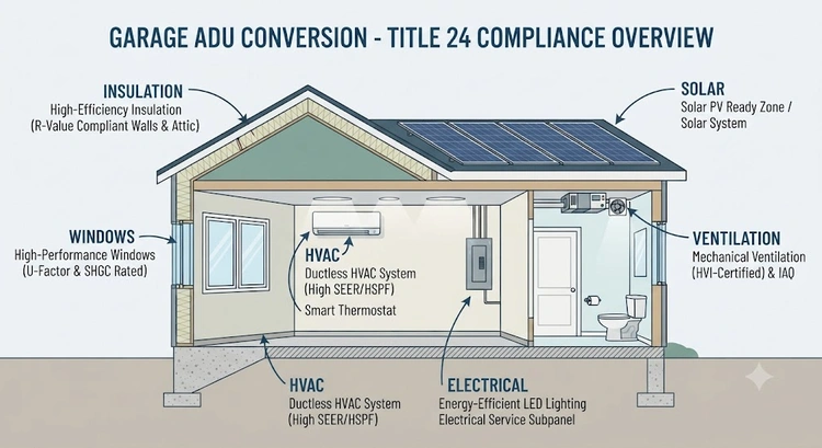 Infografía que resume los pasos de cumplimiento energético del Título 24 para ADU de garaje, desde el diseño hasta la inspección