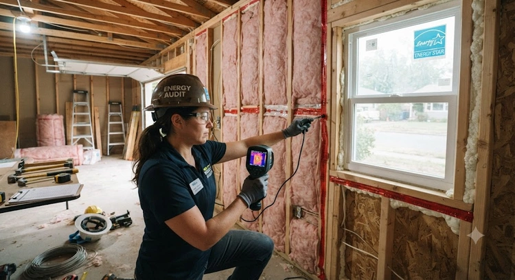 Contractor reviewing Title 24 energy compliance garage JADU insulation plans