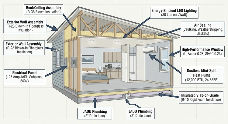 Infographic summarizing Title 24 energy compliance garage JADU requirements