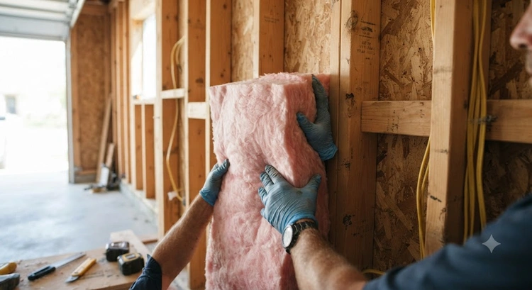 Contractor installing Title 24 insulation garage conversion wall batts in a San Jose garage office