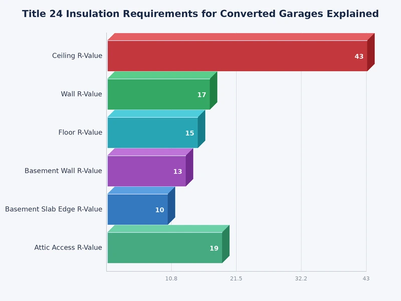 Chart comparing minimum R-values for garage conversion walls, ceilings, and floors under Title 24