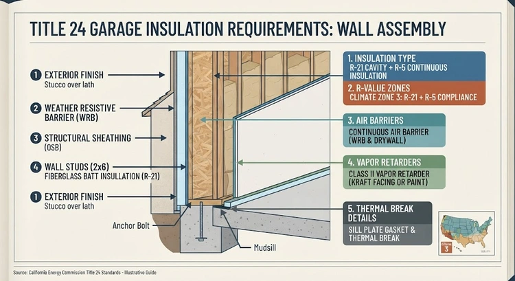 Infographic showing insulation placement in a garage conversion wall, ceiling, and floor assembly